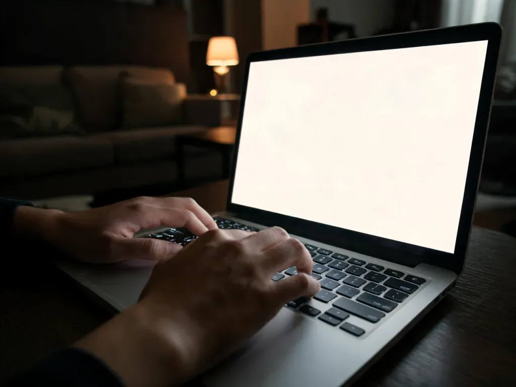 Osoba korzystająca z laptopa w przyciemnionym, domowym wnętrzu, symboliczne ujęcie zagrożeń i bezpieczeństwa w internecie.