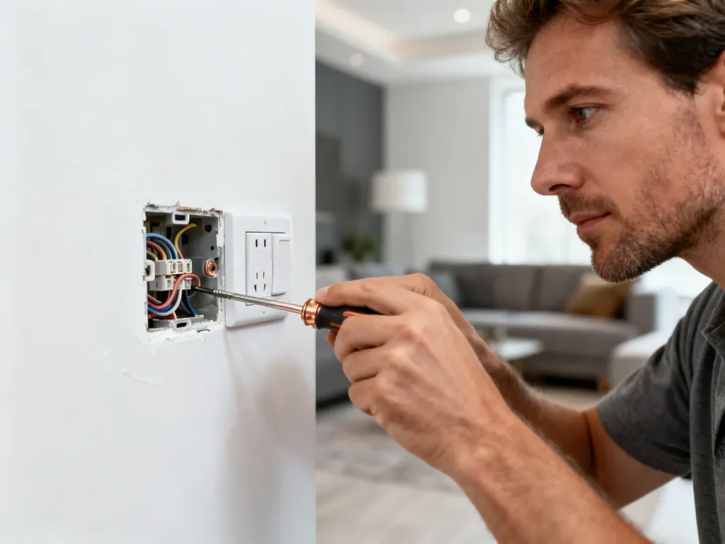Elektryk montujący gniazdko i włącznik światła w puszce ściennej przy użyciu śrubokręta.