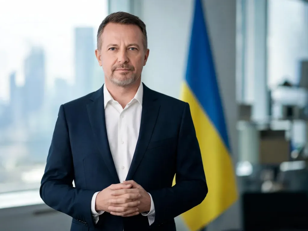 Wołodymyr Zełenski w eleganckim garniturze na tle biura z rozmytą flagą Ukrainy i panoramą miasta