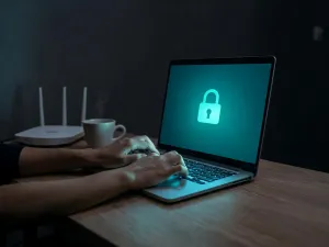 Mężczyzna montuje dysk SSD w otwartej obudowie PC na biurku, obok monitor z ikoną dysku, spokojne, techniczne otoczenie
