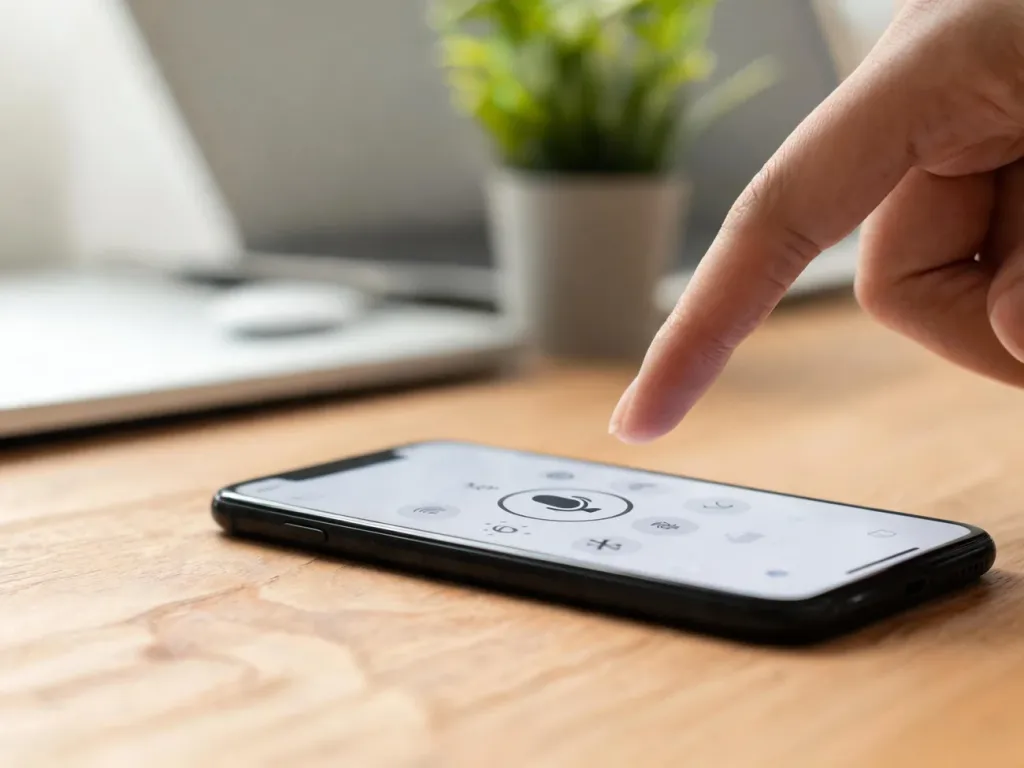 Palec zbliżający się do ikony mikrofonu w ustawieniach smartfona, sugerujący wyłączanie podsłuchu w telefonie