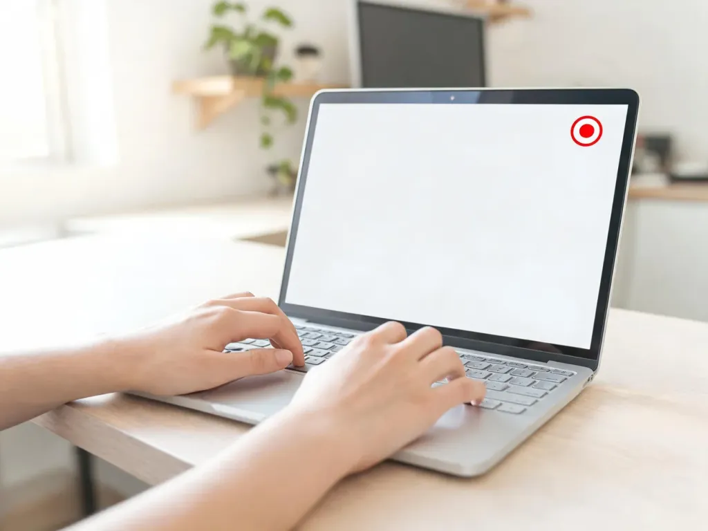 Osoba nagrywa ekran na laptopie w minimalistycznym, jasnym home office, przygotowując materiał krok po kroku.