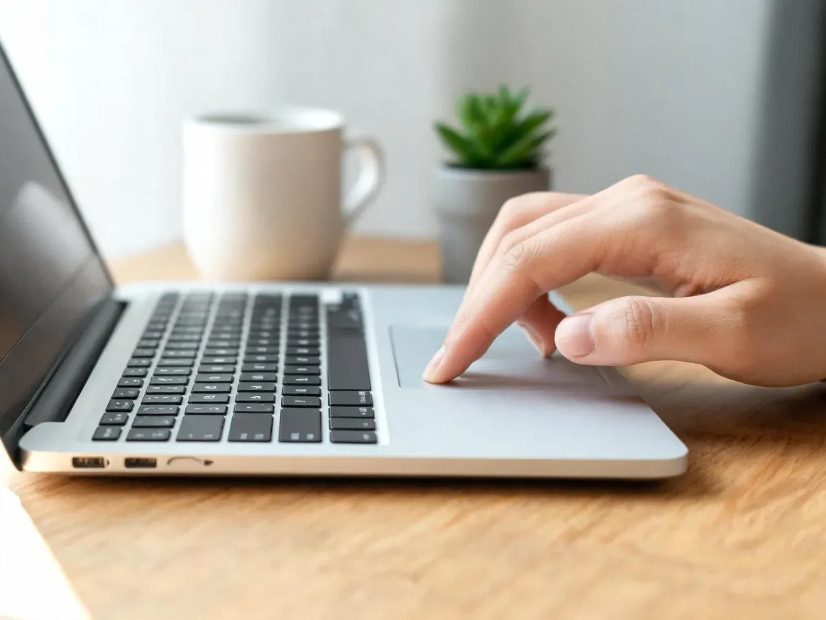 Dłoń dotykająca touchpadu laptopa na biurku, ilustrująca włączanie i obsługę panelu dotykowego w laptopie