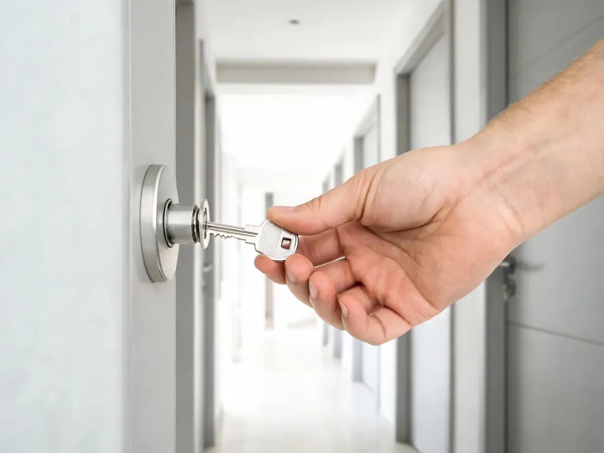Srebrny klucz w zamku nowoczesnych drzwi wejściowych, w tle korytarz z wieloma drzwiami sugerującymi system jednego klucza.