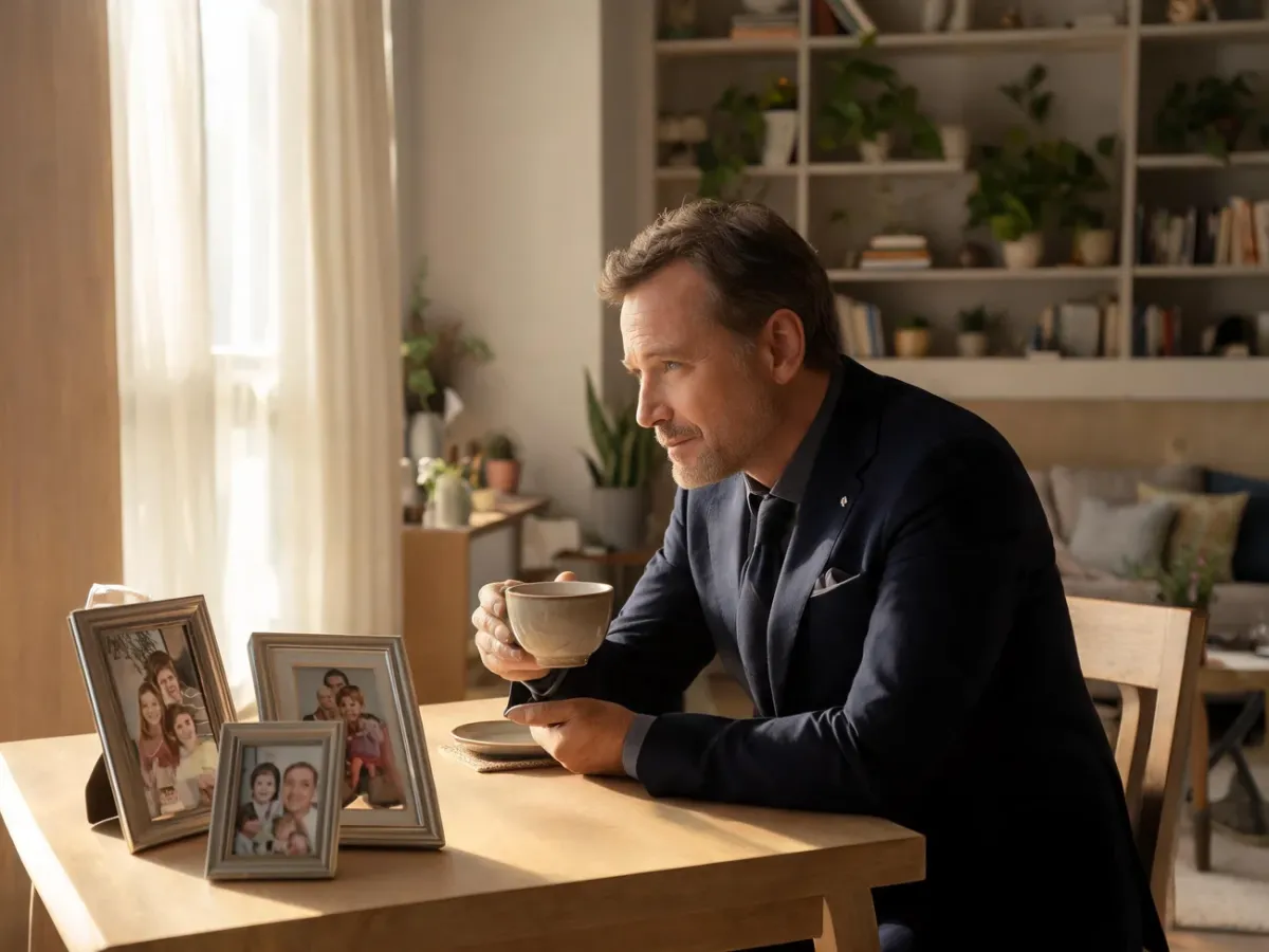 Andrzej Duda w eleganckim garniturze przy biurku w domu, z kawą w dłoni, zamyślony nad rodzinnymi fotografiami