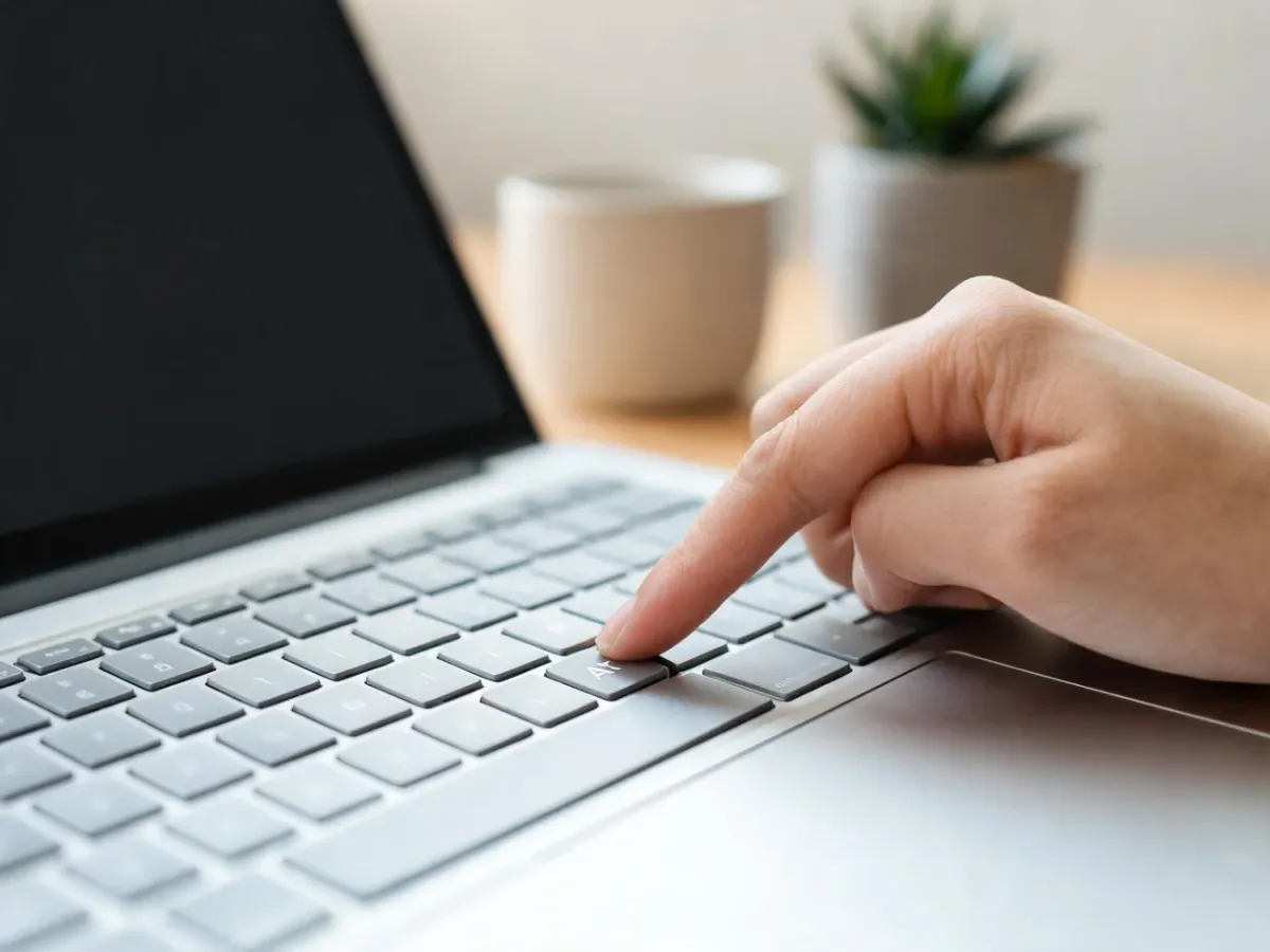 Dłoń naciskająca kombinację Alt na klawiaturze laptopa, ilustrująca wpisywanie polskich znaków jak „ź”.