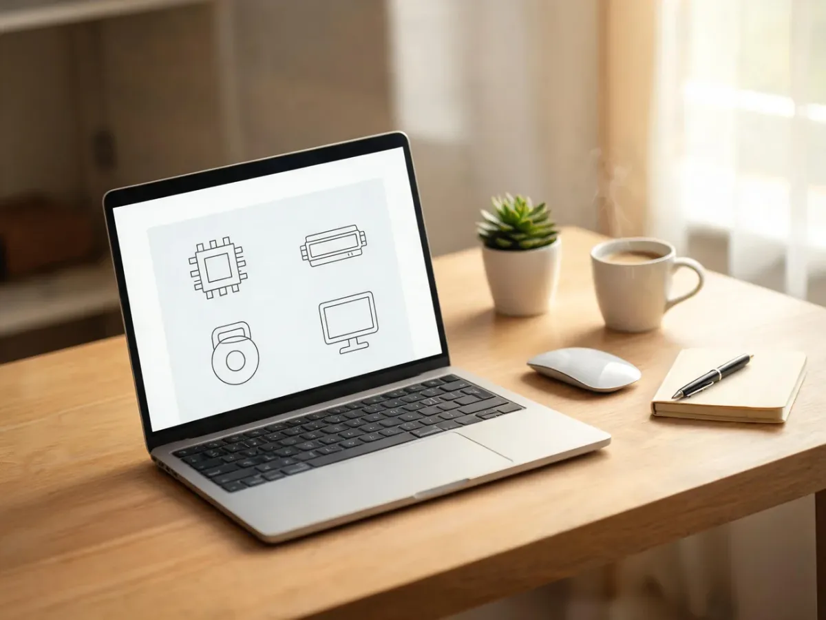 Laptop na biurku z otwartym oknem informacji o systemie, obok mysz, notes i kawa – sprawdzanie parametrów komputera.