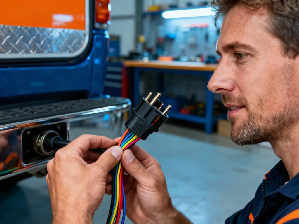 Mężczyzna w warsztacie trzyma wtyczkę przyczepy i kolorowe przewody, przygotowując się do podłączenia instalacji elektrycznej.
