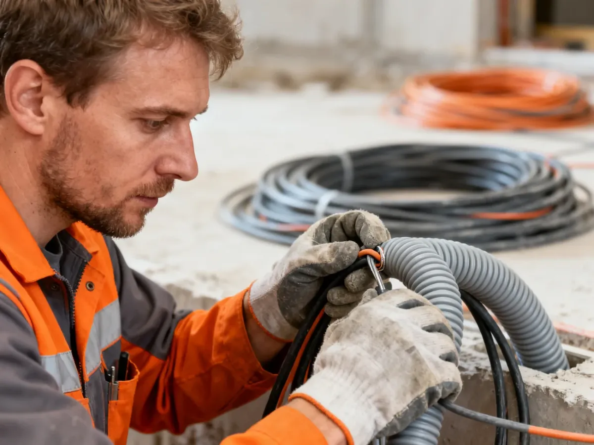 Elektryk w rękawicach roboczych wprowadza przewód elektryczny do elastycznego peszla na placu budowy.