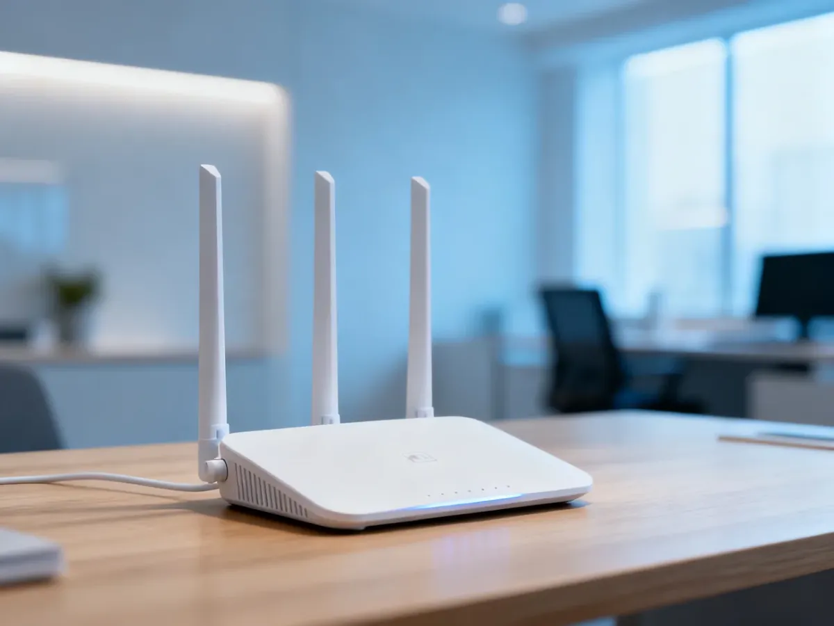 Biały router Huawei b535-232 ustawiony na drewnianym biurku w nowoczesnym, jasnym biurze.
