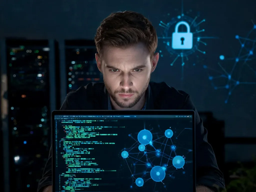 Specjalista ds. cyberbezpieczeństwa analizuje kod i sieć na laptopie podczas testów penetracyjnych w biurze z serwerami.