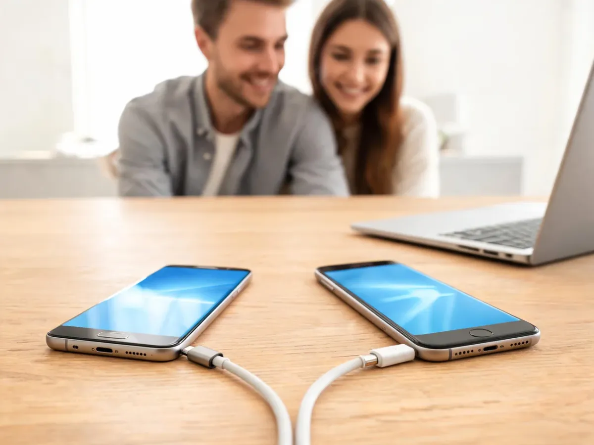 Para smartfonów z Androidem i iPhonem leży na biurku, połączona kablem, para w tle przenosi dane między telefonami.