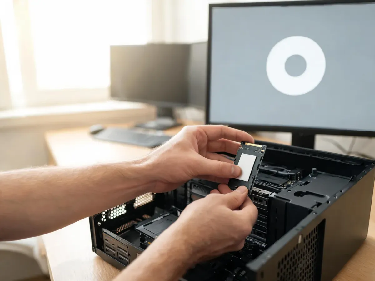 Mężczyzna montuje dysk SSD w otwartej obudowie PC na biurku, obok monitor z ikoną dysku, spokojne, techniczne otoczenie