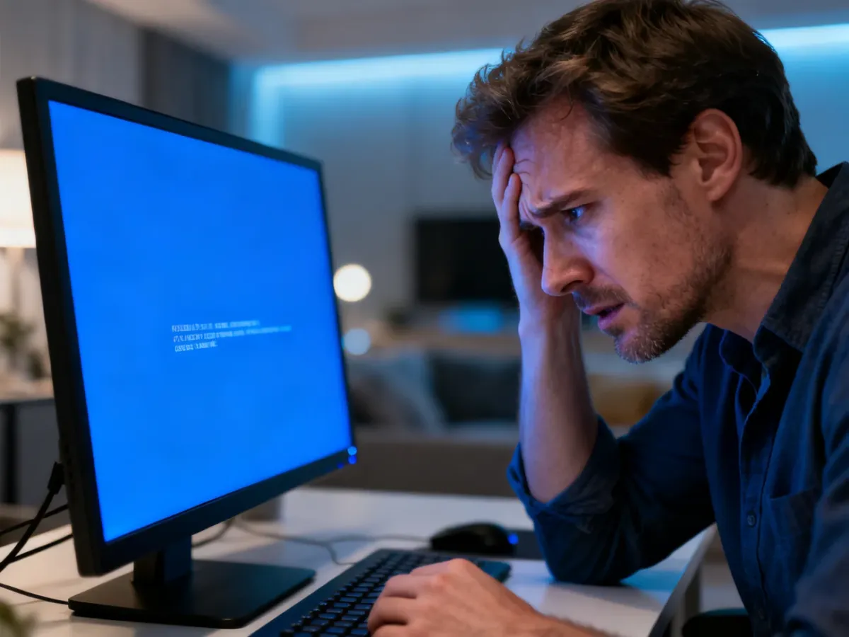Zestresowany mężczyzna patrzący na ekran komputera z niebieskim błędem systemu Windows w domowym biurze.