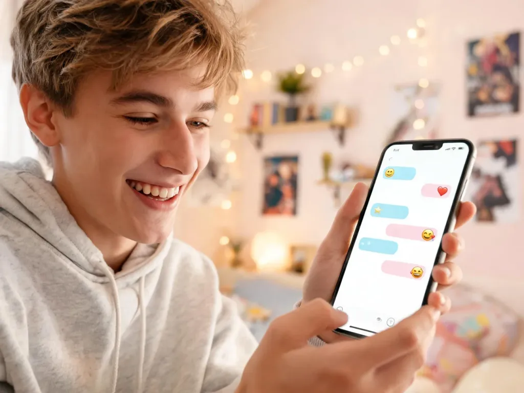 Nastolatka trzyma smartfon z kolorowym czatem i emotkami, ilustrując młodzieżowy skrót „xd” w internetowych rozmowach.