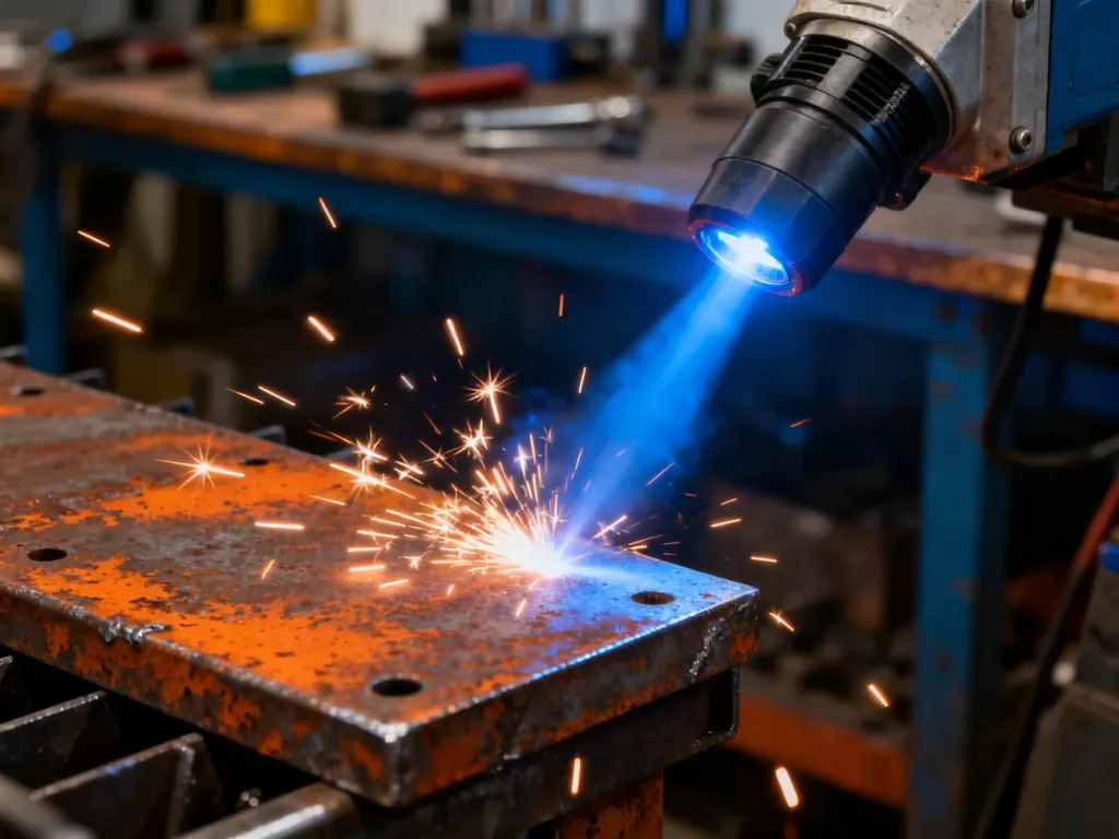 Wiązka lasera przemysłowego usuwająca rdzę z metalowej powierzchni, odsłaniając czysty materiał w warsztacie.