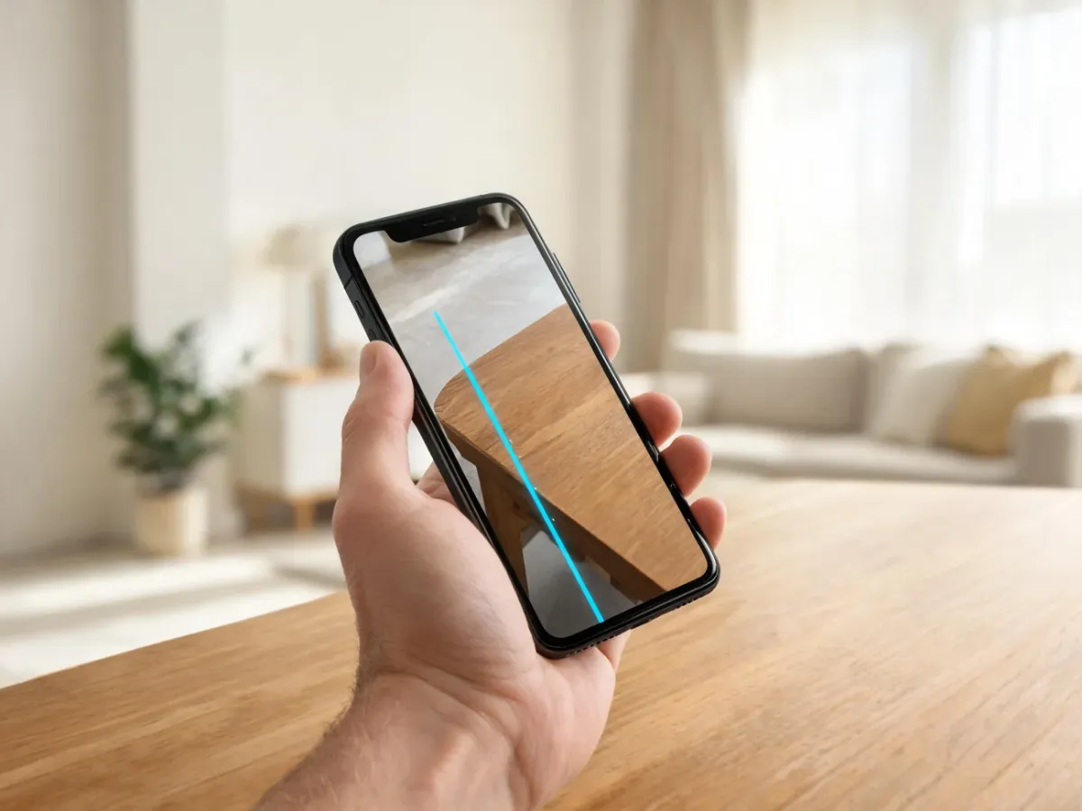 Smartfon z uruchomioną miarką AR mierzy krawędź drewnianego stołu w jasnym, przytulnym salonie.