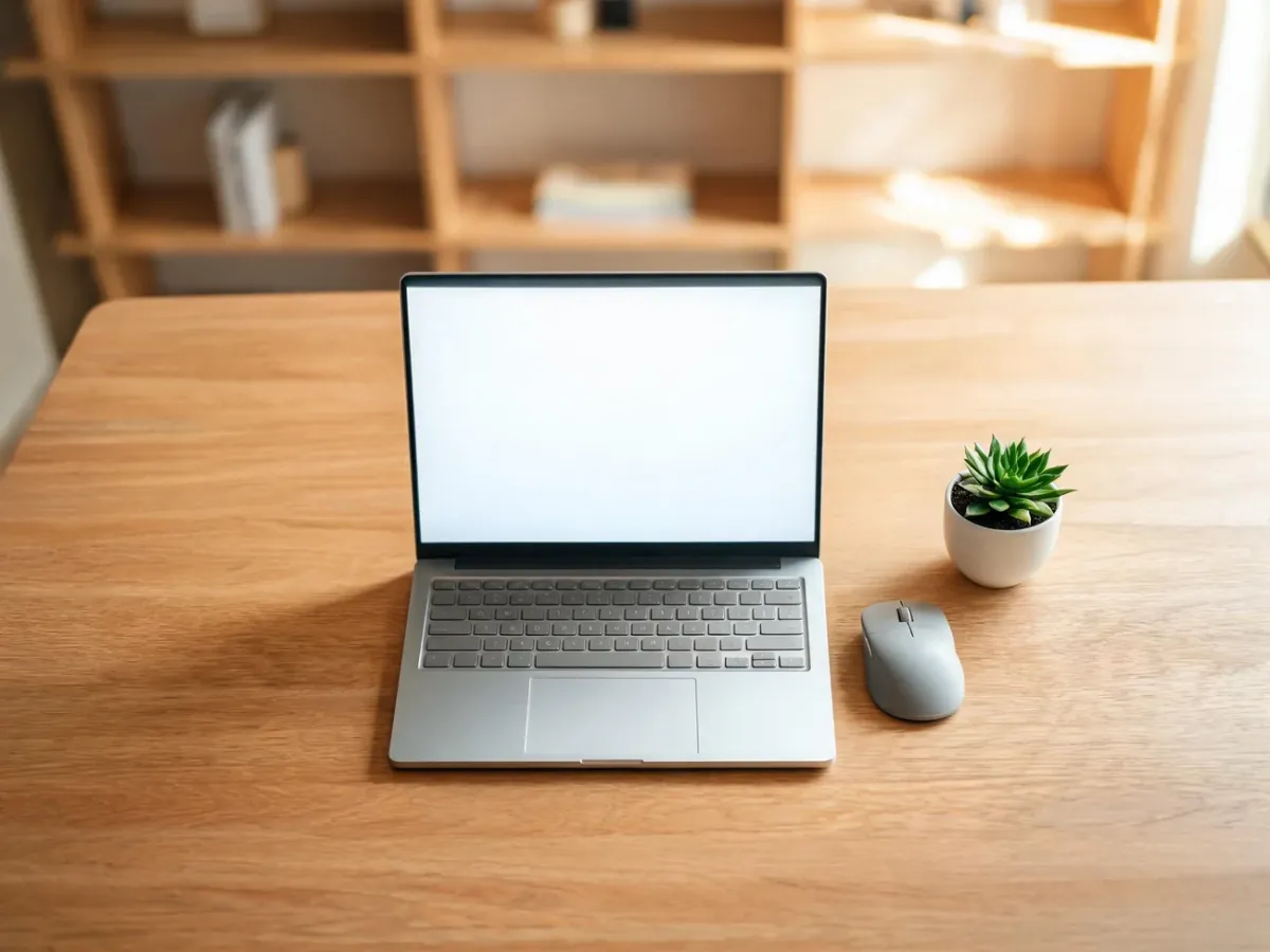 Nowoczesny, uporządkowany laptop na biurku w domowym biurze, symbolizujący szybszą i bardziej efektywną pracę.