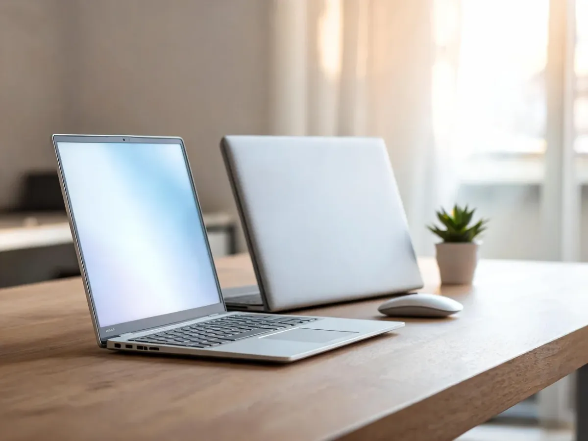 Chromebook obok tradycyjnego laptopa na biurku, porównanie smukłej konstrukcji i nowoczesnego designu urządzeń