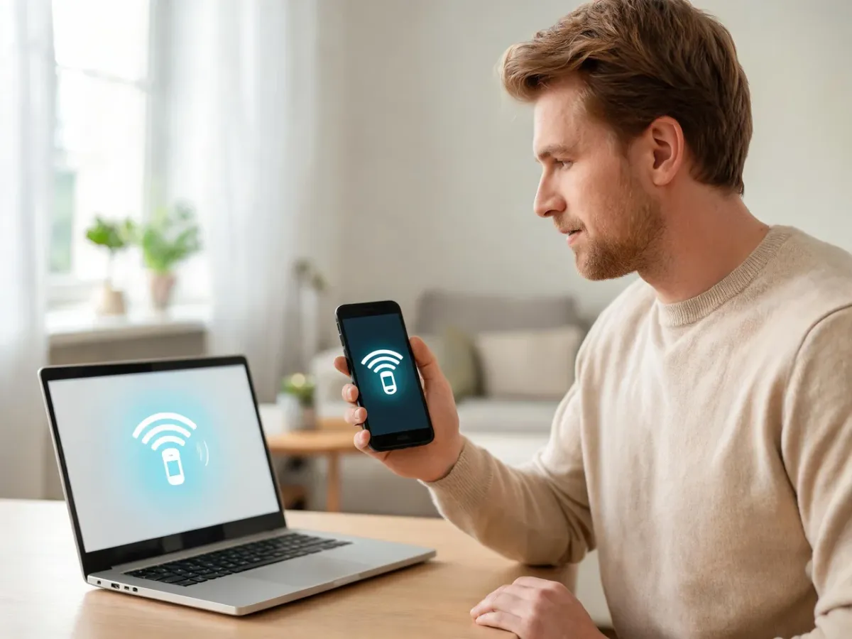 Mężczyzna łączy laptop z internetem z telefonu, na ekranie smartfona widoczna ikona udostępniania Wi‑Fi hotspot.