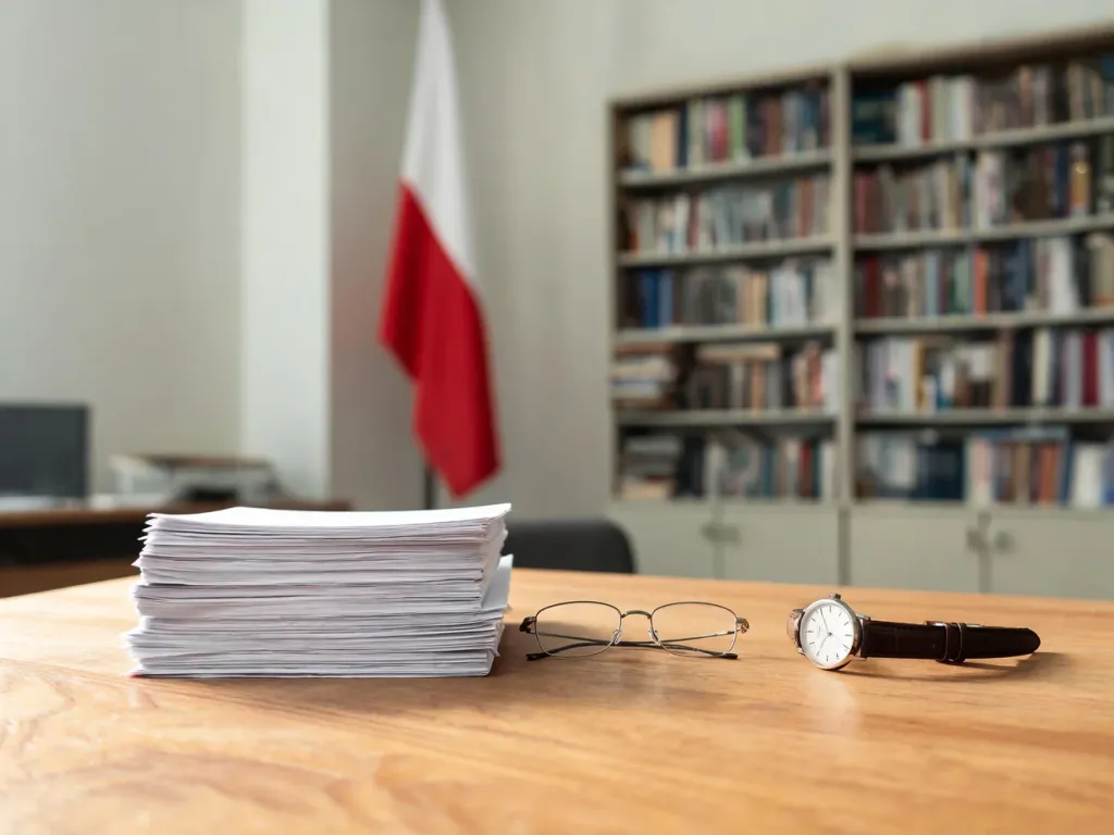 Biurko z dokumentami, okularami i zegarkiem na tle gabinetu z polską flagą, symbolizujące pracę Jarosława Kaczyńskiego